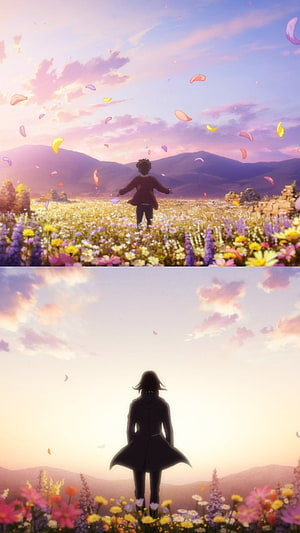 Anime Character Standing in a Field of Wildflowers with Falling Petals at Sunset HD phone wallpaper