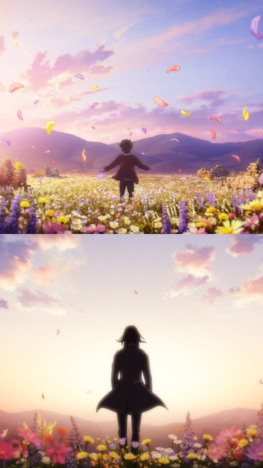 Anime Character Standing in a Field of Wildflowers with Falling Petals at Sunset HD phone wallpaper