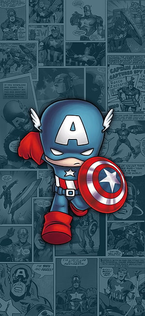 Cute Chibi Captain America Holding Shield Over Comic Panel Background HD phone wallpaper