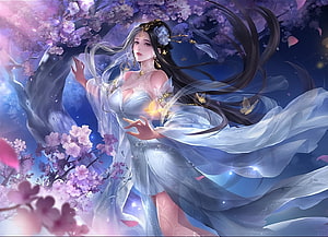Ethereal Fantasy Woman in Flowing White Veils Under Blossoming Cherry Trees, Fantasy in Blue, digital, art, fantasy, , beautiful, girl, woman, blue, veils, flowers HD wallpaper