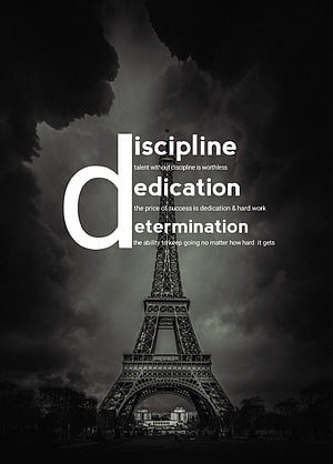 Eiffel Tower Under Stormy Sky With Motivational Discipline Dedication Determination Text HD phone wallpaper