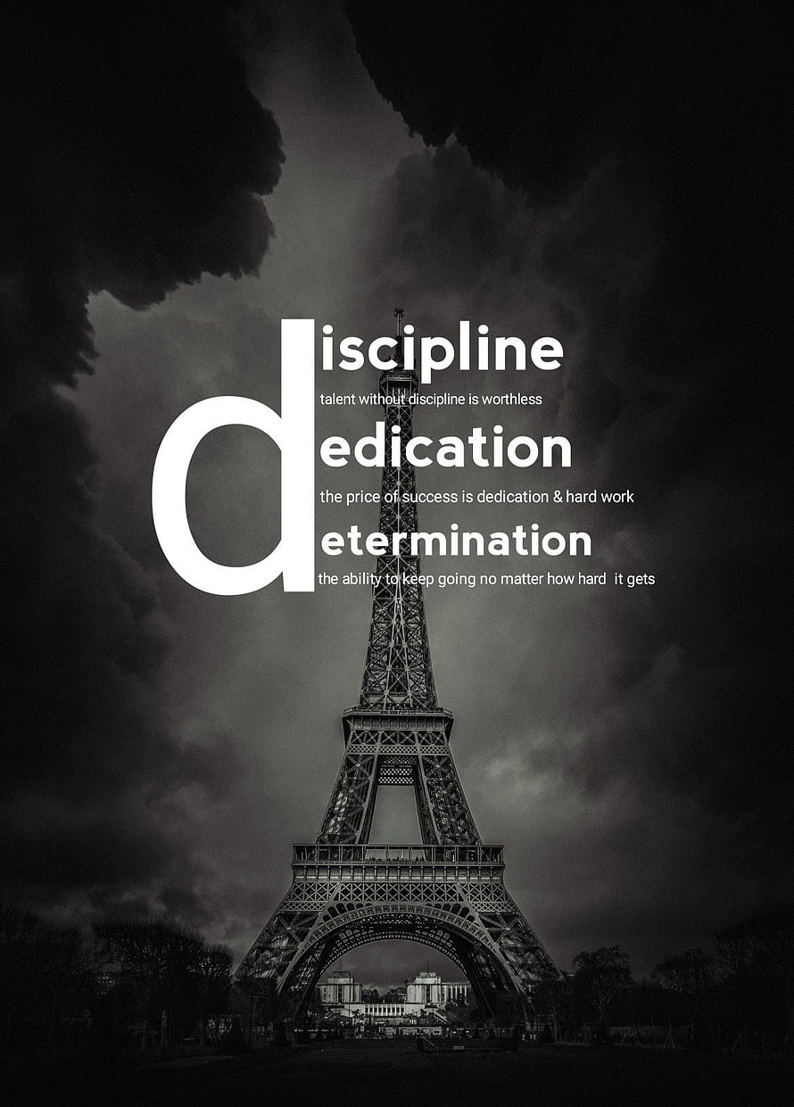Eiffel Tower Under Stormy Sky With Motivational Discipline Dedication Determination Text HD phone wallpaper