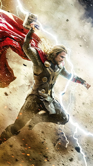 Thor Wielding Mjolnir Amidst Lightning and Debris in Epic Cinematic Action HD phone wallpaper