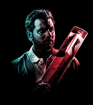 Dramatic Portrait of Cricketer Rohit Sharma Holding a Bat with Red and Blue Lighting HD phone wallpaper
