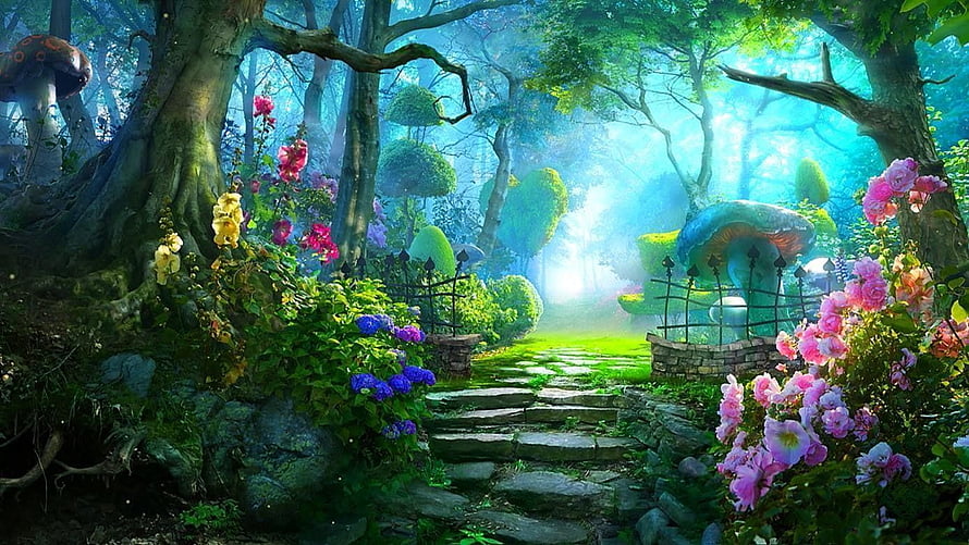 Enchanted Fantasy Forest Garden with Giant Mushrooms and Vibrant Flowers HD wallpaper