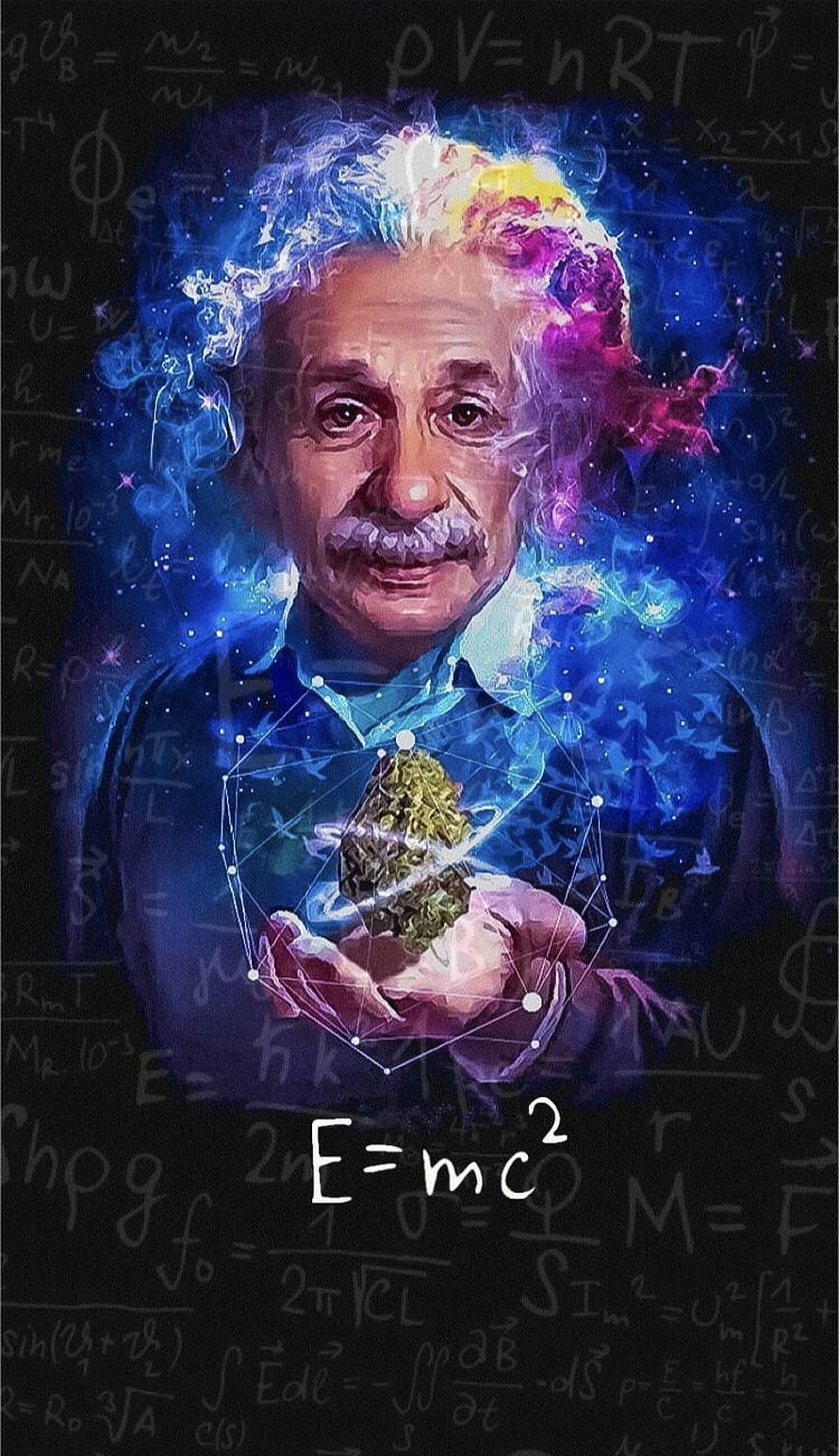 Artistic Portrait of Albert Einstein Holding a Glowing Crystal with Physics Equations Background HD phone wallpaper