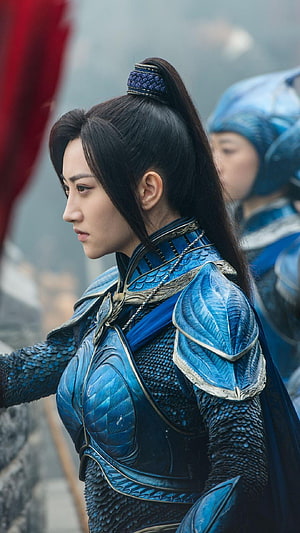 Jing Tian in ornate blue scale armor with high ponytail and silver filigree details HD phone wallpaper