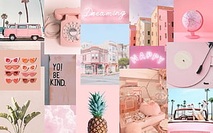 Pink Aesthetic Collage With Vintage Van, Neon Signs, Sunglasses, And Palm Trees HD wallpaper