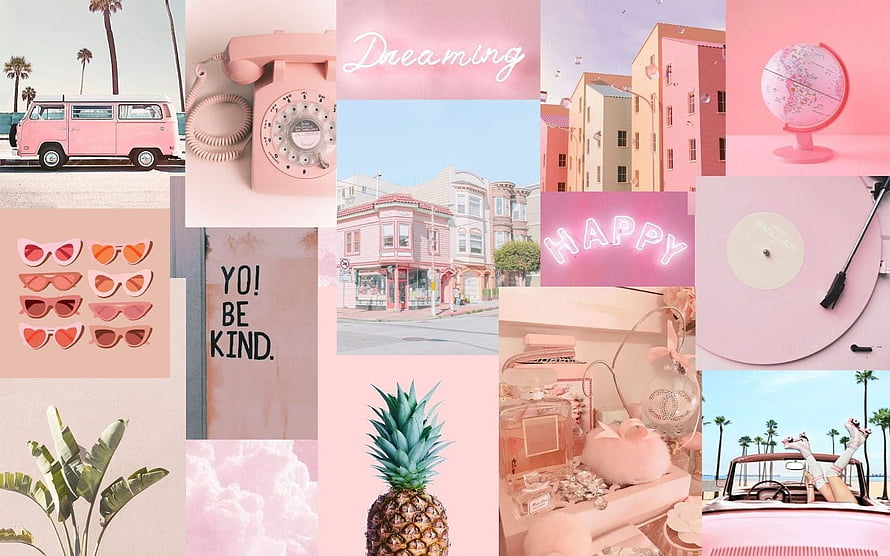 Pink Aesthetic Collage With Vintage Van, Neon Signs, Sunglasses, And Palm Trees HD wallpaper