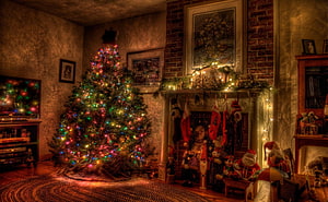 Cozy Christmas Living Room With Decorated Tree, Fireplace, Stockings, and Santa Figures HD wallpaper