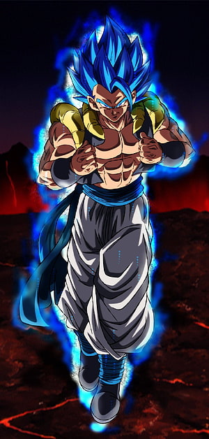 Gogeta Blue Super Saiyan God Artwork with Fiery Aura and Volcanic Landscape HD phone wallpaper