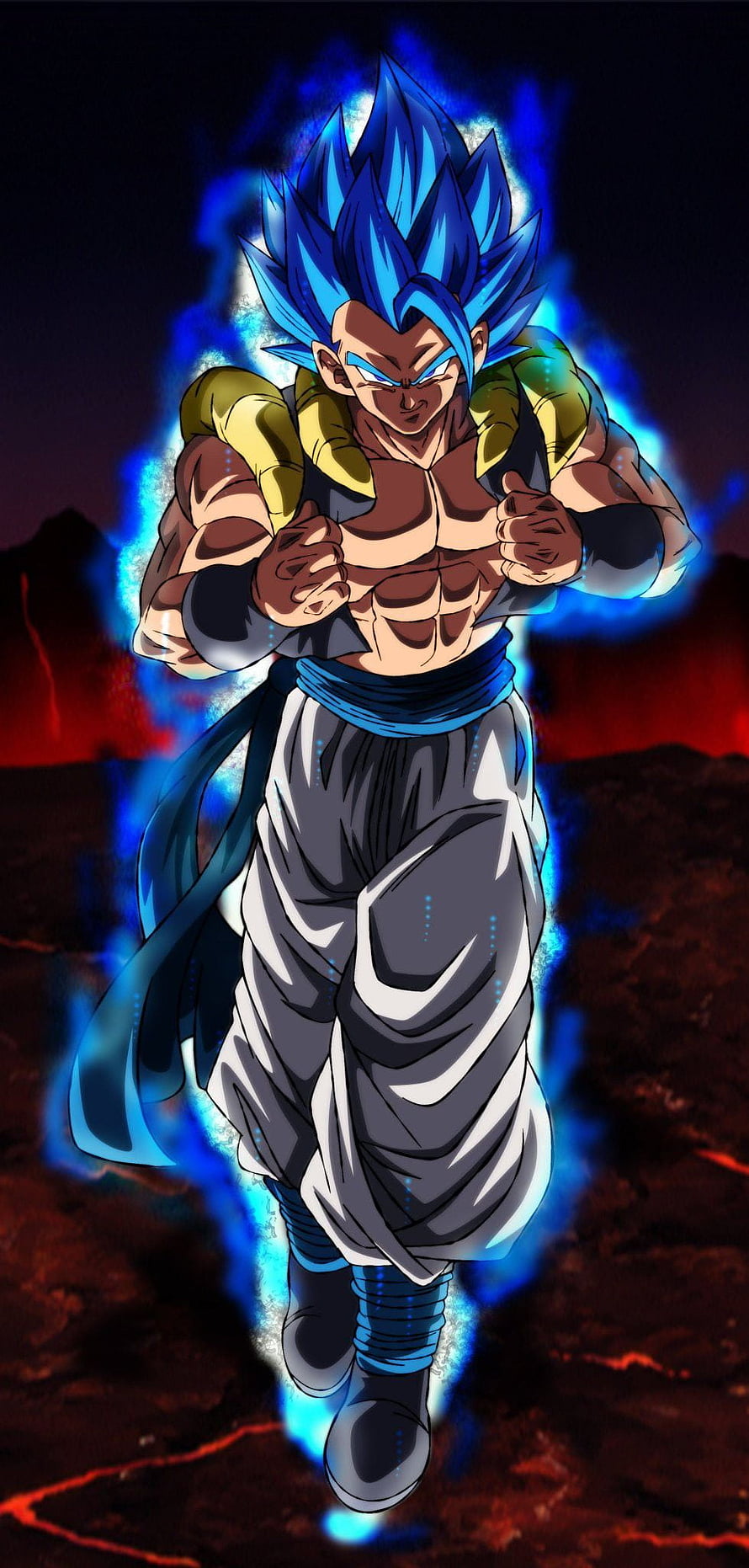 Gogeta Blue Super Saiyan God Artwork with Fiery Aura and Volcanic Landscape HD phone wallpaper