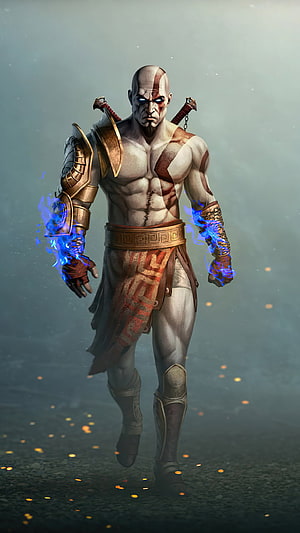 Kratos from God of War Ragnarok with glowing blue Blades of Chaos HD phone wallpaper