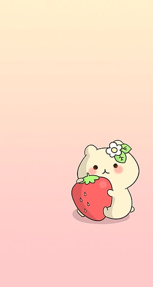 Cute Kawaii Bear Holding Strawberry on Soft Pink Gradient Background HD phone wallpaper