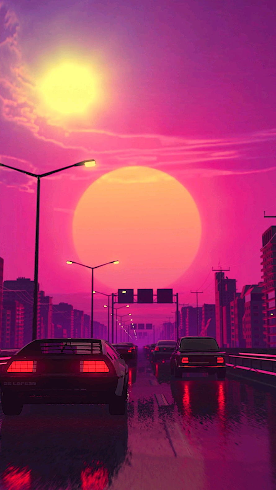 DeLorean DMC-12 Driving on Wet Highway at Sunset with Neon Pink Sky and Giant Sun HD phone wallpaper
