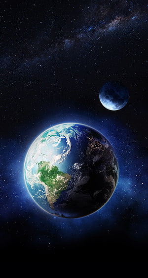 Planet Earth and Moon in Deep Space with Milky Way Galaxy Background HD phone wallpaper