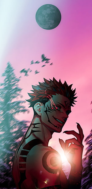 Sukuna Ryomen from Jujutsu Kaisen anime character with red eyes and tattoos under a full moon HD phone wallpaper