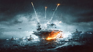 Naval Fleet Battle Scene with Aircraft Carrier and Fighter Jets in Stormy Sea HD wallpaper