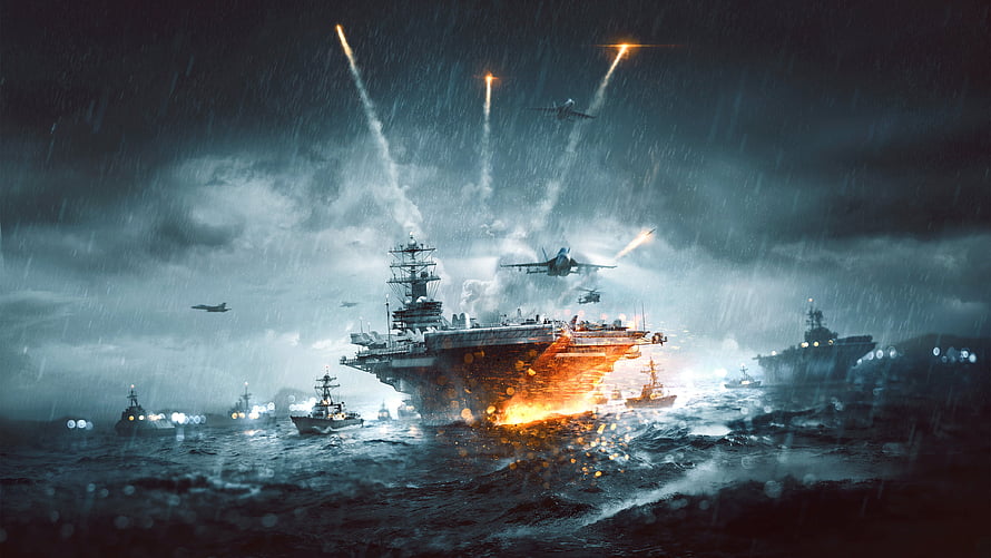 Naval Fleet Battle Scene with Aircraft Carrier and Fighter Jets in Stormy Sea HD wallpaper
