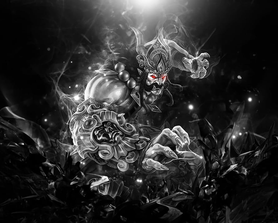 Ravana Smite Dark Fantasy Warrior with Glowing Red Eyes and Ornate Armor HD wallpaper