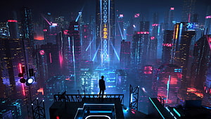 Silhouette of a man overlooking a sprawling neon-lit cyberpunk metropolis at night, digital art, men, city, futuristic, night, neon, science fiction • For You For & Mobile HD wallpaper