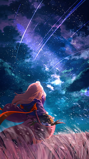 Anime Girl Watching Shooting Stars in a Starry Night Sky HD phone wallpaper