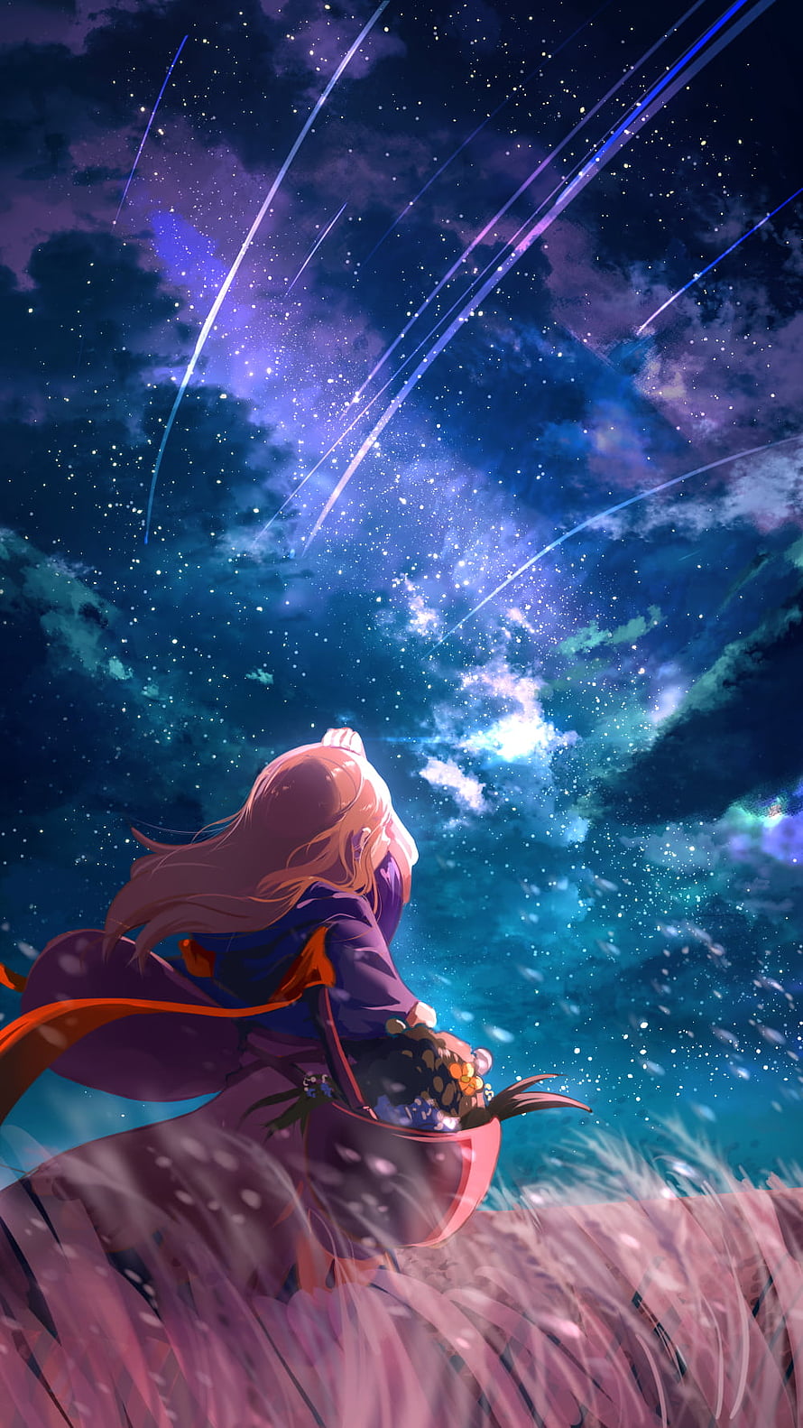 Anime Girl Watching Shooting Stars in a Starry Night Sky HD phone wallpaper