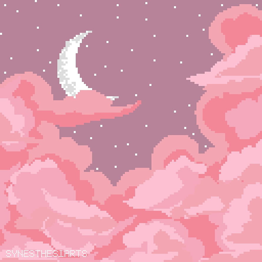 Pastel Pink Pixel Art Night Sky with Crescent Moon and Soft Clouds HD phone wallpaper