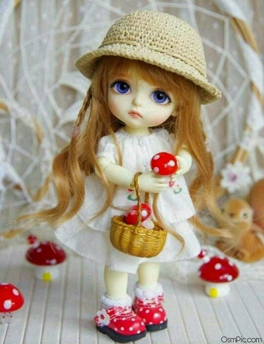 Cute Ball Jointed Doll in White Dress with Straw Hat and Mushroom Basket HD phone wallpaper