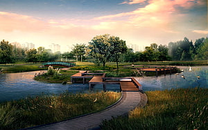 Serene Urban Wetland Park with Wooden Boardwalks and Arched Bridge at Sunset HD wallpaper