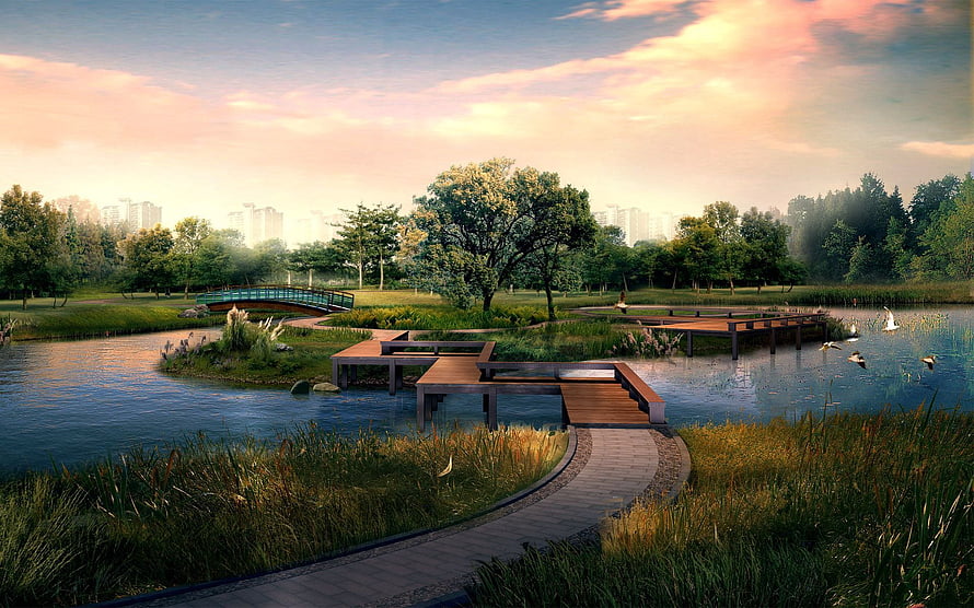 Serene Urban Wetland Park with Wooden Boardwalks and Arched Bridge at Sunset HD wallpaper