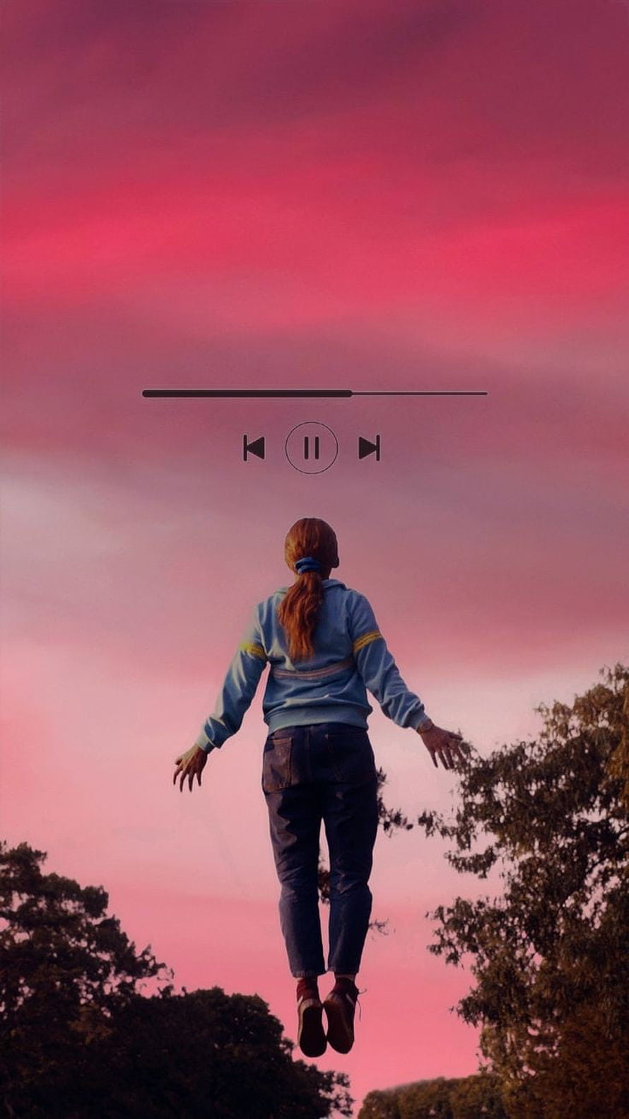 Max Mayfield from Stranger Things Leaping Against a Vibrant Pink Sunset Sky HD phone wallpaper