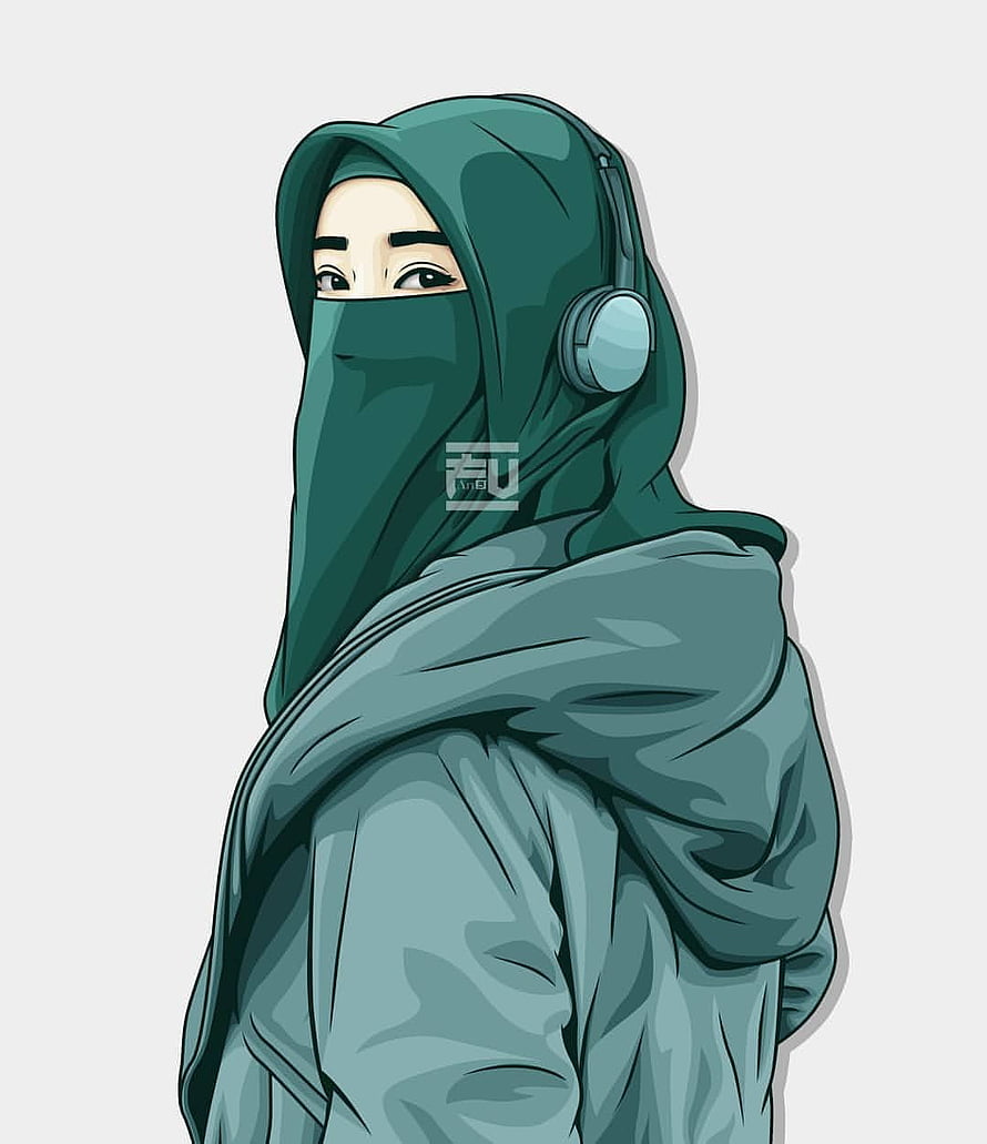 Digital illustration of a woman in a green niqab and hijab wearing over-ear headphones, Vector with Coreldraw #vector #hijab #niqab. Hijab cartoon, Anime muslimah, Islamic cartoon HD phone wallpaper