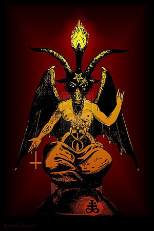 Baphomet the Horned God with Flame Crown and Pentagram in Dark Red Illustration HD phone wallpaper