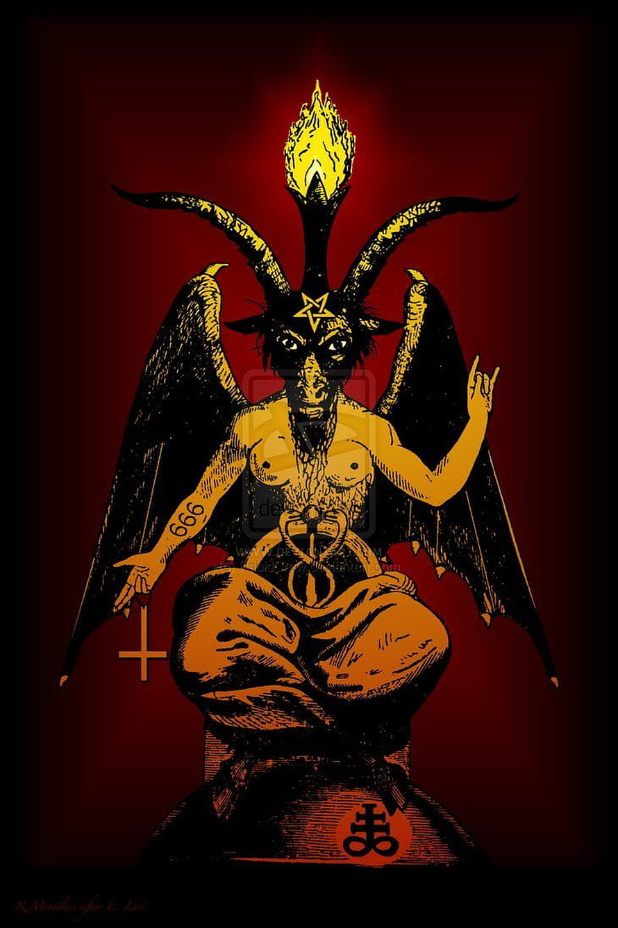 Baphomet the Horned God with Flame Crown and Pentagram in Dark Red Illustration HD phone wallpaper