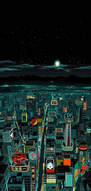 Tokyo Night Skyline Pixel Art Wallpaper with Neon Signs and Moon HD phone wallpaper