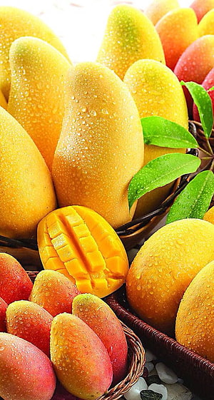Fresh Yellow Mangoes With Water Droplets And Green Leaves In Wicker Basket, Fresh Fruit Mango - - HD phone wallpaper