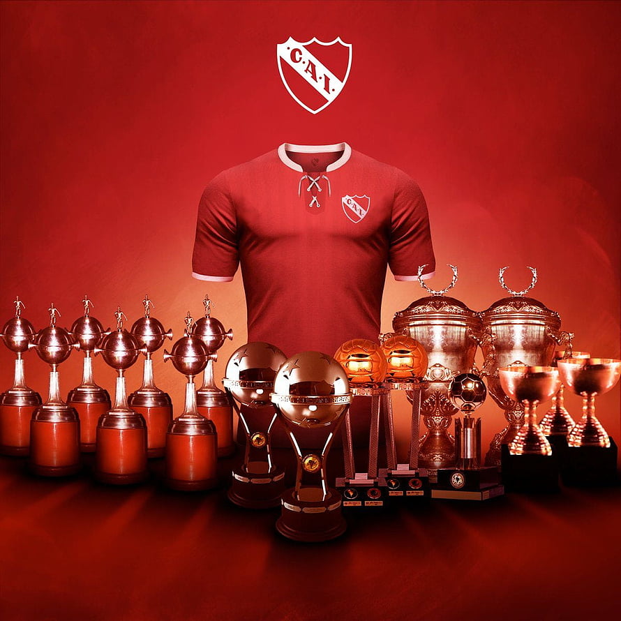 Club Atletico Independiente Red Jersey Display With Trophy Collection And Club Crest HD phone wallpaper