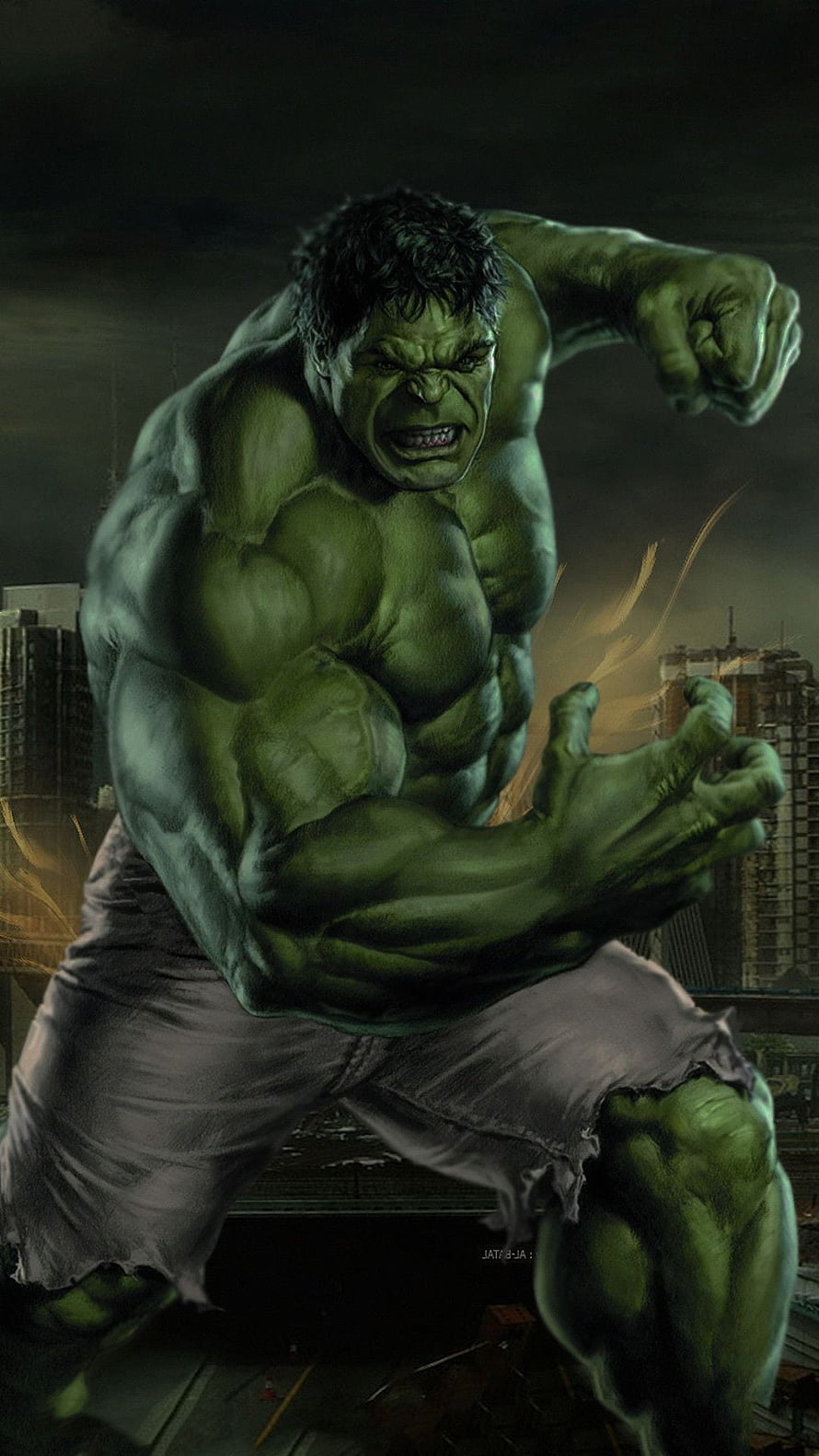 Hulk Smash Artwork: The Incredible Hulk in a Fierce Fighting Stance Amidst a Dark Cityscape HD phone wallpaper