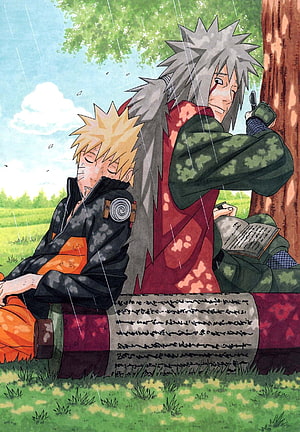 Naruto and Jiraiya Resting Under Tree in Rain Anime Wallpaper HD phone wallpaper