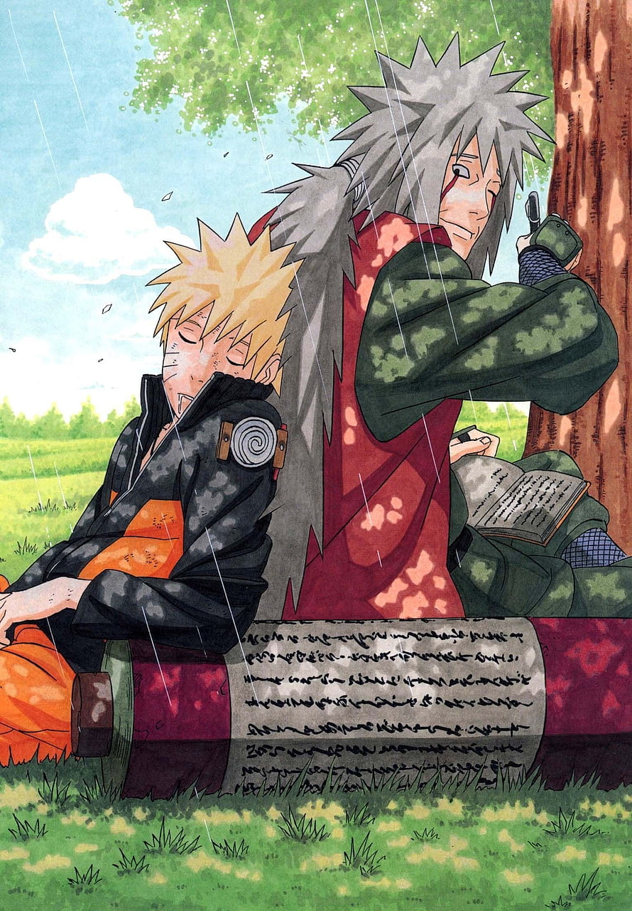 Naruto and Jiraiya Resting Under Tree in Rain Anime Wallpaper HD phone wallpaper