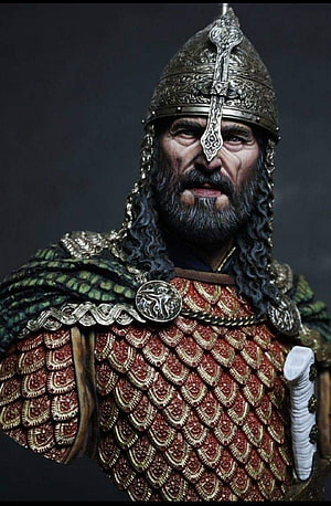 Portrait of a medieval warrior in ornate scale armor and helmet HD phone wallpaper