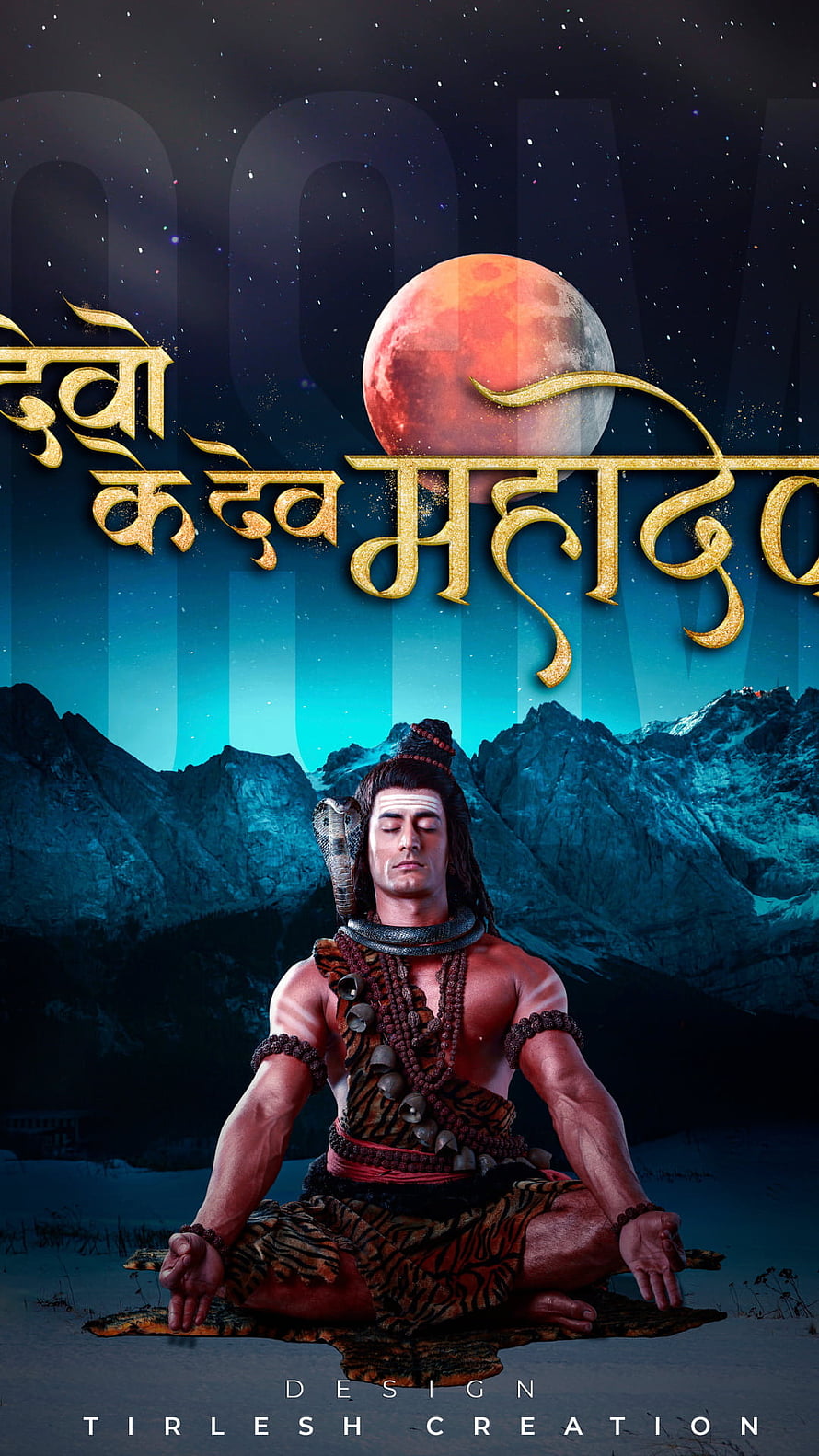 Lord Shiva Meditating in Mountain Landscape with Red Moon and Golden Devotional Text HD phone wallpaper