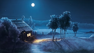 Cozy Cabin in Snowy Winter Landscape Under Full Moon Night HD wallpaper