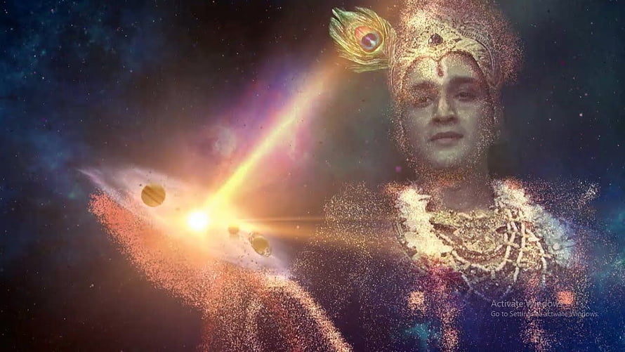 Lord Krishna Digital Art with Peacock Feather and Cosmic Galaxy Background HD wallpaper