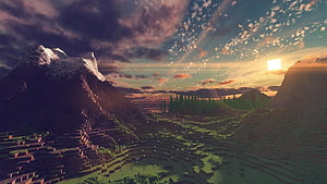Minecraft Landscape Wallpaper Featuring Snowy Mountains and Sunset HD wallpaper