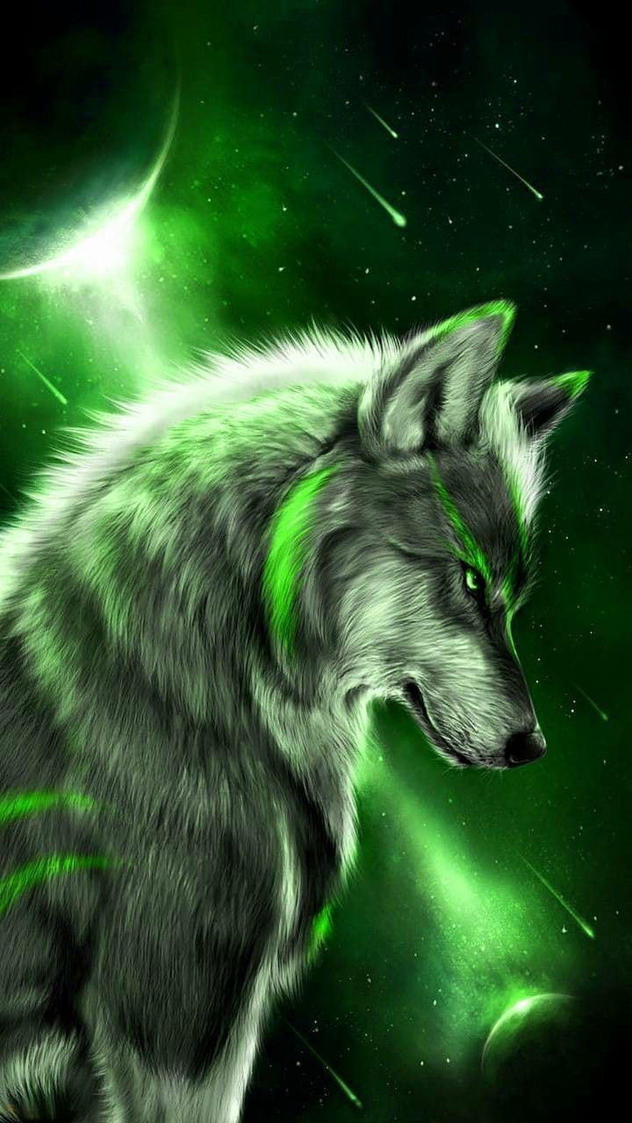 Majestic Wolf Portrait with Neon Green Glow and Cosmic Aurora Background HD phone wallpaper