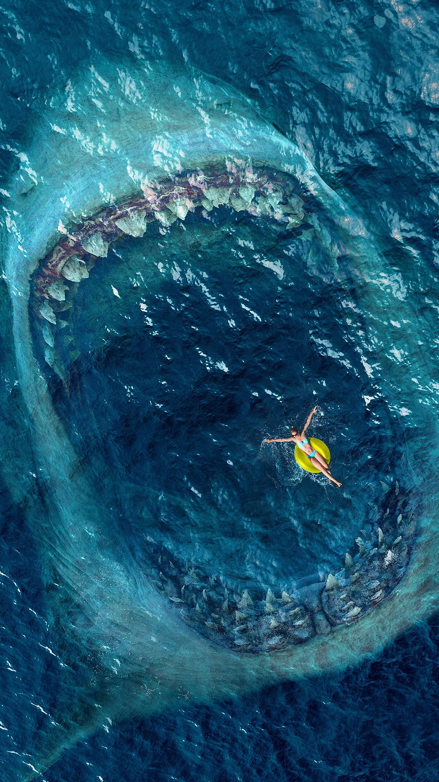 Giant Megalodon Shark Mouth With Swimmer On Float In Deep Ocean Water HD phone wallpaper