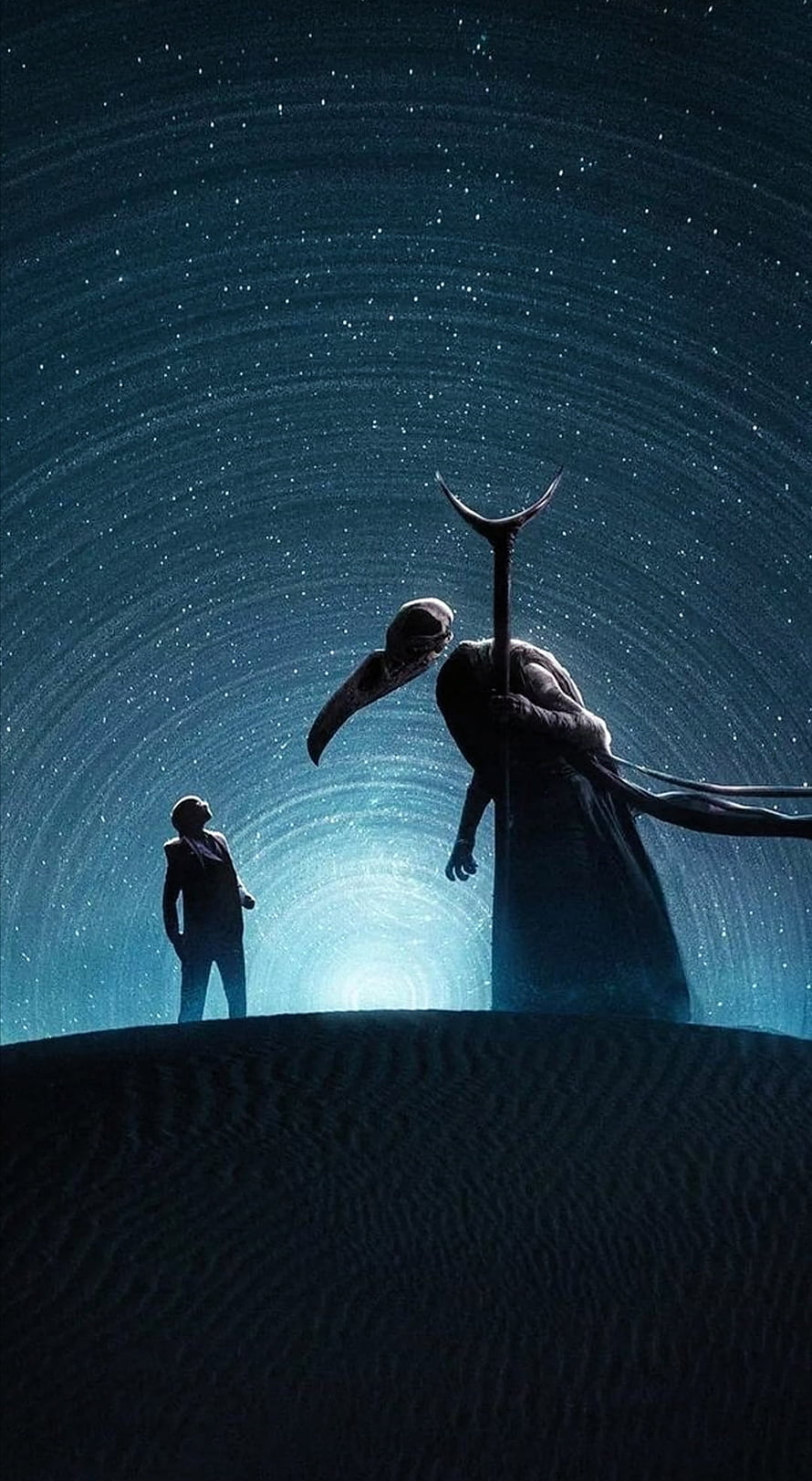 Moon Knight and Scarlet Scarab Silhouetted Against a Swirling Starry Sky HD phone wallpaper