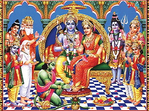 Traditional Indian Painting of Lord Rama and Sita Coronation Ceremony with Deities HD wallpaper